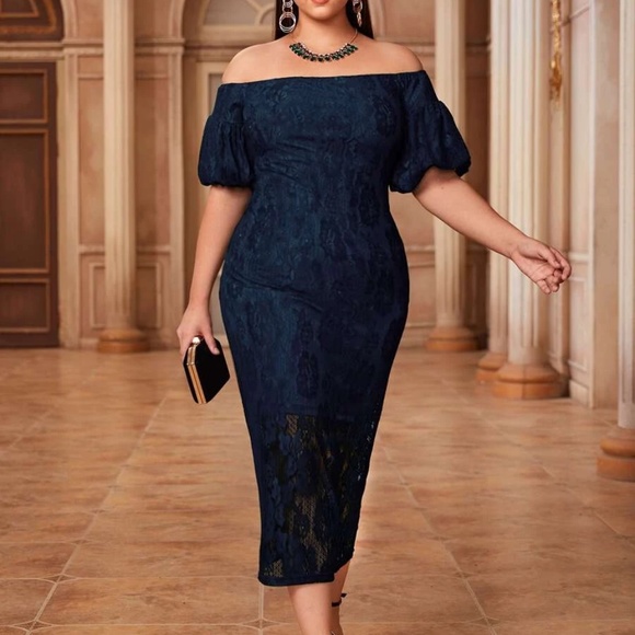 Plus Off Shoulder Floral Puff Sleeve Evening Wedding Dress - Picture 2 of 7